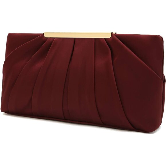 ⚡ Women's Elegant Evening Pleated Satin Simple Classy Dark Red Clutch Bag - Picture 1 of 7